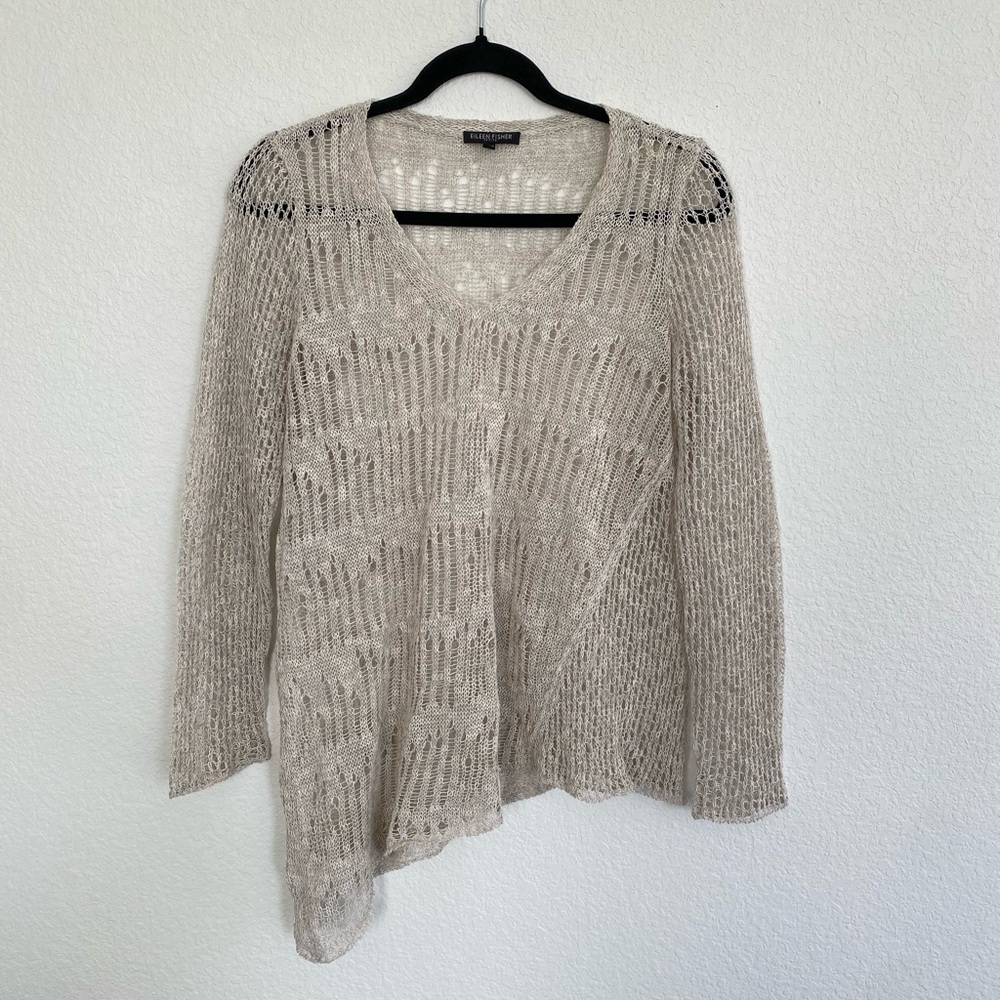 Eileen Fisher Organic Melange Linen Grain Stitch Asymmetrical Pullover Top